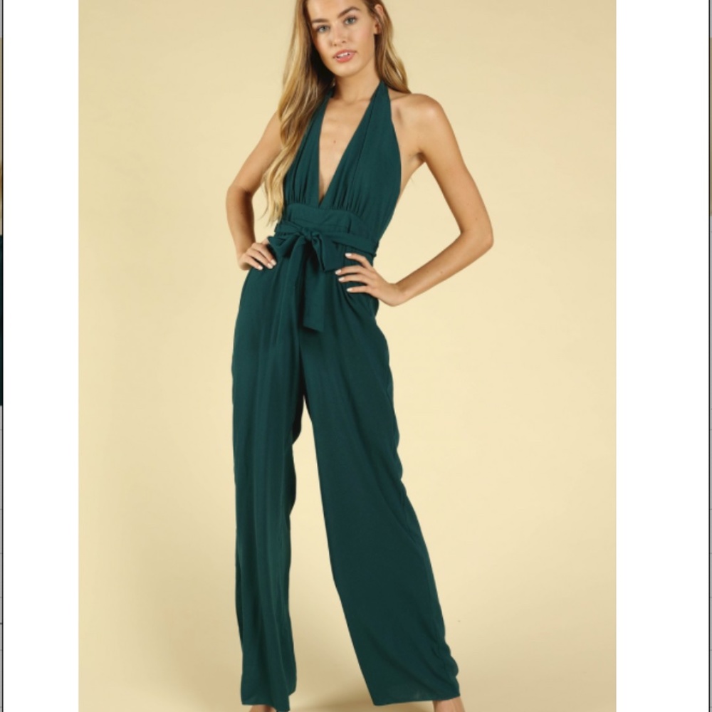 Honey Punch Halter Jumpsuit in Forest Green